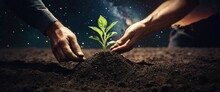 Expert Hand Of Farmer Checking Soil Health Before Growth A Seed Of Vegetable Or Plant Seedling, Business Or Ecology Concept, In The Background Is The Milky Way Galaxy. Stylish In The Style Of Double
