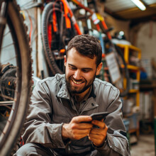Happy mechanic using smart phone while working in bicycle repair shop