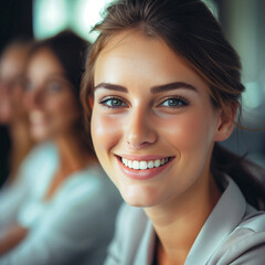 
Happy confident businesswoman in office looking at camera.