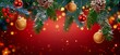 © James Ellis - Christmas wallpaper with fir branches, red and golden balls decorations on red bokeh background, detailed background, Christmas decorative balls, copy space for text.