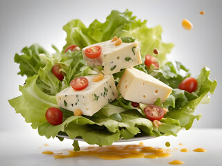 Mid-Air Salad Dance: Fresh Toss of Lettuce and Cheese on a White Canvas