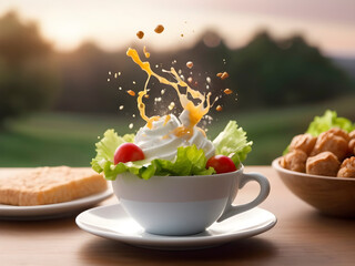 Suspended Savory Delight: Flying Salad, Coffee, and Dessert with a Sunset Backdrop