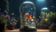 An Aquarium With Ariel In A Light Bulb," 3D Gaming Cinematic Feel, Epic 3D Video Game Graphics, Intricate Details, 8K Resolution, Dynamic Lighting, Unreal Engine 5, CryEngine, Trending On ArtStation, 