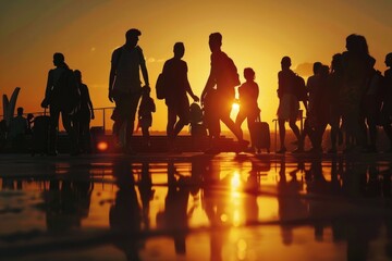 Canvas Print - Group of people walking across a street at sunset. Suitable for urban lifestyle concepts