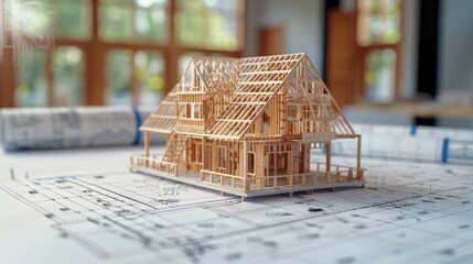 Poster - House model placed on top of a blueprint, suitable for construction or real estate concepts