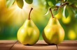 ripe pears on a wooden table, pear plantation, pear orchard, pears hanging on a branch of a pear tree, sunny day, Organic Farming