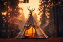 Teepee Tent In The Middle Of Calm Nature With Lot Of High Trees In The Night. Generative Ai.