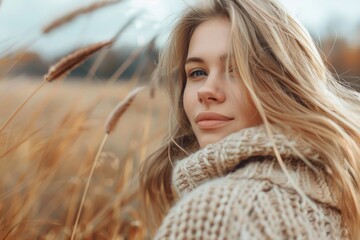 Poster - A woman standing in a field of tall grass. Perfect for nature or outdoor themes