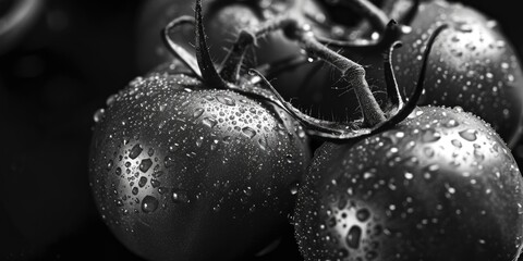 Wall Mural - Close-up black and white photo of ripe tomatoes with water droplets. Perfect for food and agriculture concepts