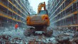 A yellow excavator is tearing down a building at a construction site