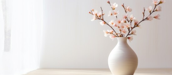 Wall Mural - A white vase with fresh flowers sits on a wooden table, adding a touch of elegance and freshness to the room. The vase is the focal point of the arrangement, showcasing the beauty of the flowers.