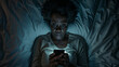 elderly woman lying in bed at night, looking at her smartphone with a concerned or possibly startled expression.