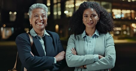 Poster - Business woman, night and city with professional for career opportunity, ambition or confidence. Portrait of employees or coworkers with smile and arms crossed for late evening in an urban town