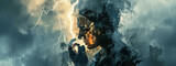 Fototapeta  - Ethereal blend of a man's face and a raging thunderstorm, merging human emotion with the raw power of nature.