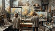 Two individuals are in an art studio admiring paintings