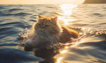 Plump cat enjoying a serene swim in the vast ocean surrounded by gentle waves capturing a moment of bliss