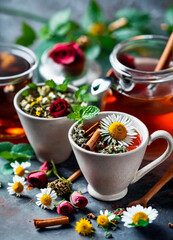 Wall Mural - cup of tea with herbs. Selective focus.