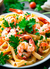 Wall Mural - shrimp pasta on a plate. Selective focus.