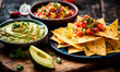 © yanadjan - chips nachos salsa and guacamole. Selective focus.
