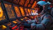An Art enthusiast in a space suit manipulates the control panel in darkness