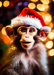 monkey in a santa go monkey hat. Selective focus.