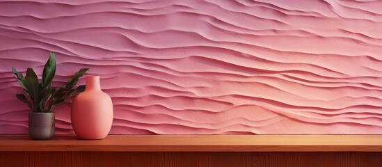 Wall Mural - Two vases are placed on a wooden shelf against a vibrant pink textured wall. The vases are of different shapes and sizes, adding visual interest to the composition.