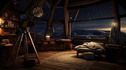 Observatory-themed room with a telescope near a spacious window, creating a perfect setting for moon observation