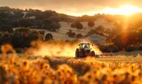 Fototapeta  - Tractor harvesting ripe crops under the golden afternoon sun in the sunset time. AI generated image
