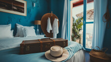 Coastal Style Bedroom With Summer Hat And Suitcase On The Bed. Seaside Holiday Interior Design. Summer Vacation Home Interior With Blue Accents. Design For Travel And Lifestyle Magazine.