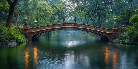 central park panorama with bow bridge, new york city