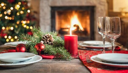  christmas table with blurred fireplace backdrop