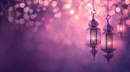Wall Mural - Traditional Ramadan lanterns glowing warmly, suspended in a mystical atmosphere with a bokeh of sparkling lights, evoking the spirit of the holy month.