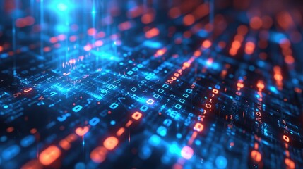 A close-up of streaming binary code on a digital interface, with a glowing bokeh effect, symbolizing complex data processing and computer programming.
