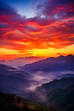 Fototapeta Na ścianę - Epic Sunrise/Sunset Scene Displaying Radiant Sky Colors Over Low-Lying Hills.