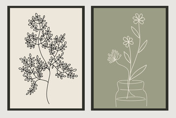Sticker - Set of abstract botanical line art drawings in modern sage green colors. Trendy greenery, tiny wild flowers and leaves hand drawn sketches collection. Logo, tattoo, wall art vector design.