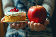 A person choosing an apple over a cake with a willpower and a health