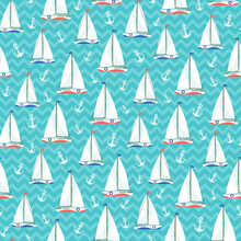 Nautical Seamless Pattern Cartoon Sailboats On Chevron Background. Summer Marine Repeat Design. Cute Yachts Regatta On Turquoise Sea Zigzag Pattern Backdrop. For Wrapping Paper, Textile Fabric Print.