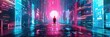 Futuristic digital cityscape with a mysterious figure - A neon-drenched digital metropolis with a silhouetted figure standing before a bright portal, depicting a sci-fi narrative