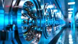 Fototapeta Mapy - Close-up view of bank vault doors in a secure hallway with blue lighting and a person in the distance, concept secure lock, money protection, high-tech bank,