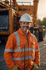 Smiling road worker in orange uniform: Professional smiling.