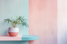 Vibrant Houseplant On Pastel Shelf In Soft Light - A Brightly Lit Scene Featuring A Healthy Houseplant In A Two-tone Pot On A Pastel Blue And Pink Shelf, Giving A Warm, Homely Atmosphere