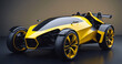 Striking yellow and black futuristic supercar, merging glass and metal in a cutting-edge design. Futuristic vehicles showcased on a sleek black background.  Render of futuristic supercar
