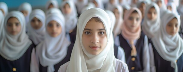 Wall Mural - Back to school. Middle eastern muslim school female teenage student posing at the classroom looking at the camera