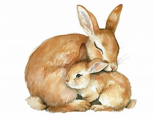 Watercolor style cartoon  illustration of a mother rabbit hugging and kissing her baby isolated on white background, concept of Mother's Day, Easter bunny greeting cards.