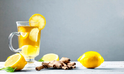 Wall Mural - cup of tea with ginger and lemon. Selective focus.