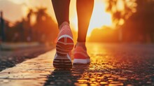 Runner Feet Running On Road Closeup On Shoe. Woman Fitness Sunrise Jog Workout Welness Concept.