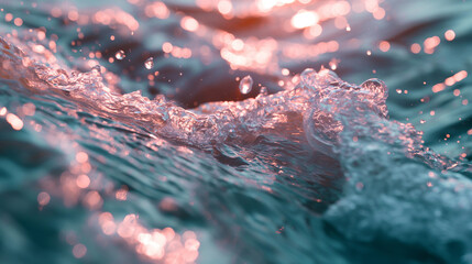 Blue beautiful wave with pink sunset light