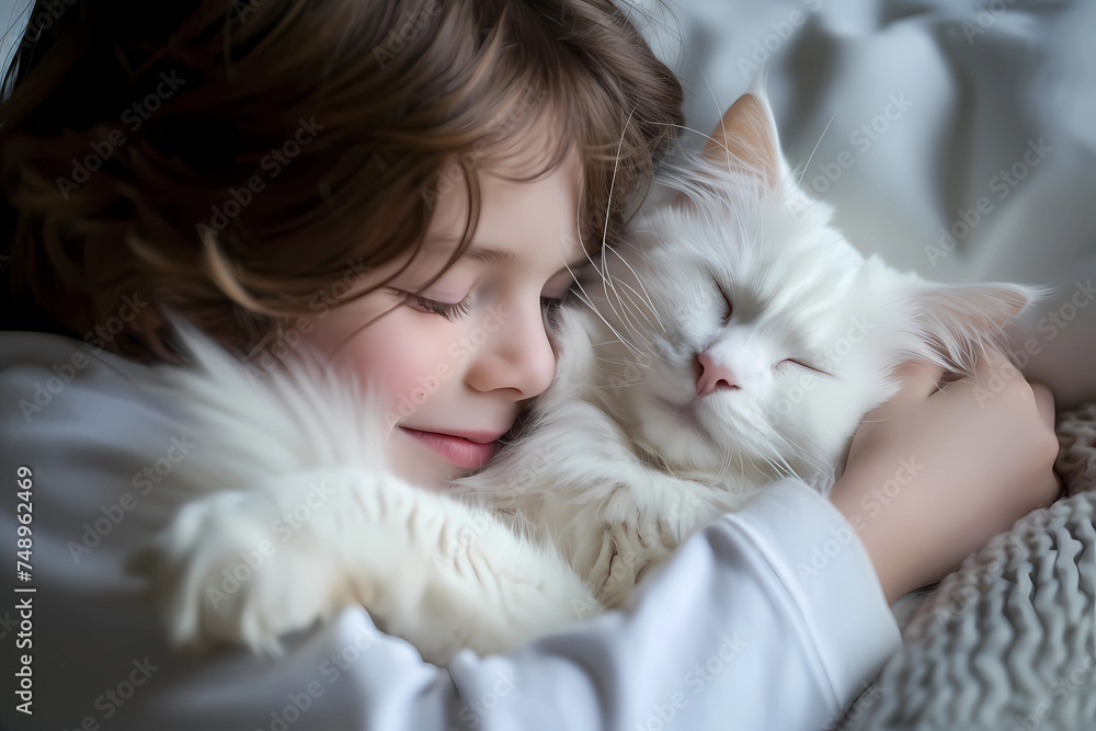 A young boy envelops himself in the comforting embrace of his beloved ...