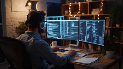 a software developer works on code late into the night, illuminated by the glow of multiple computer