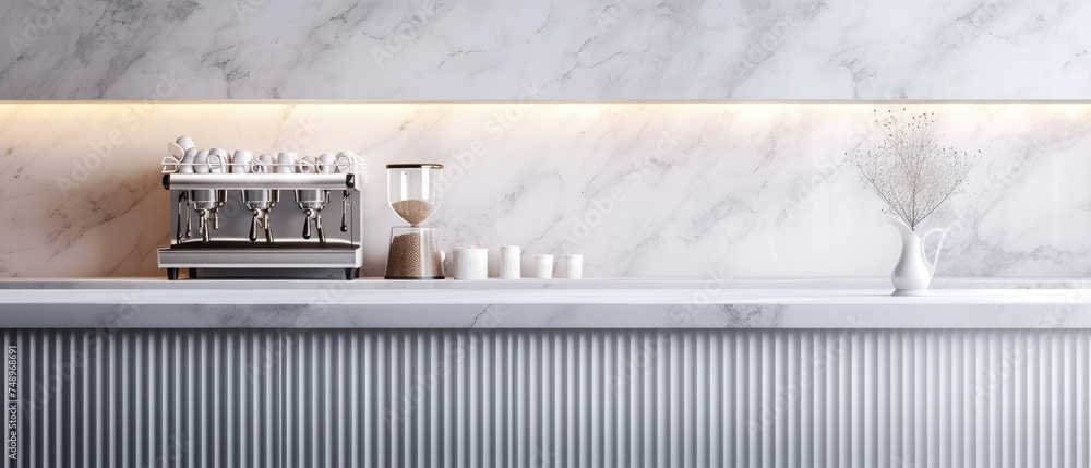 Blank white marble counter in modern luxury design cafe with cabinet ...